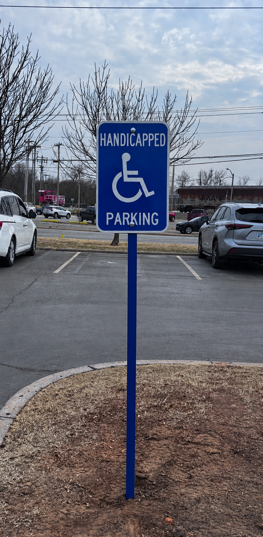 Blue accessible parking sign with wheelchair symbol mounted on a straight blue post